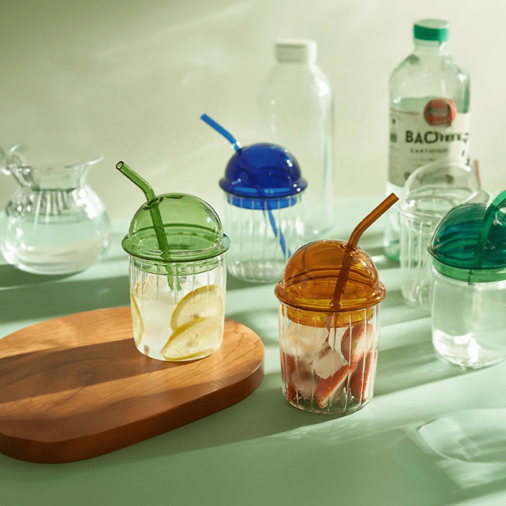 Grøn Glas Kop med Låg & Sugerør | VintageSip