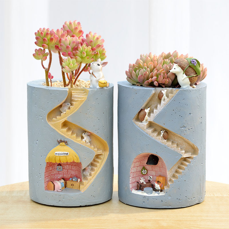 Dekorativ Keramisk Plantekrukke med Miniature Egern og Kanin-2