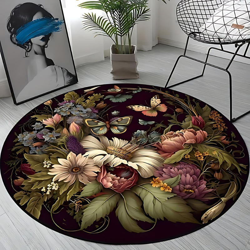 FlutterLuxe | Rundt Tæppe med Elegant Sommerfuglemotiv