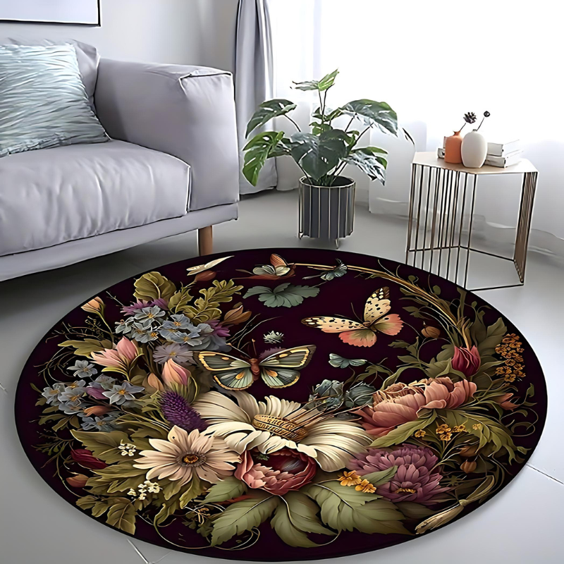 FlutterLuxe | Rundt Tæppe med Elegant Sommerfuglemotiv