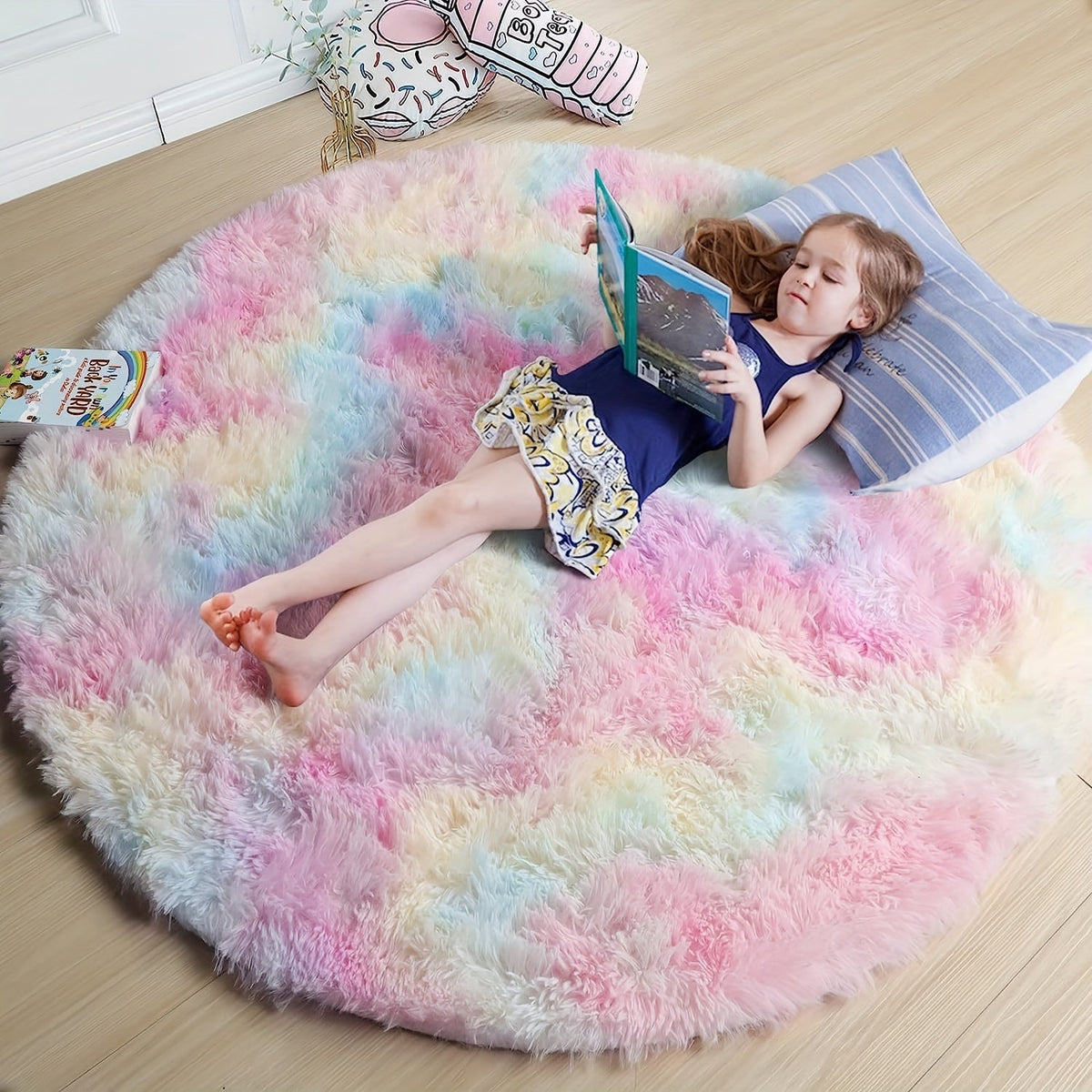 Ronde Regenboog Fluffy Vloerkleed – Zacht en Kleurrijk voor Elk Interieur | RainbowNest