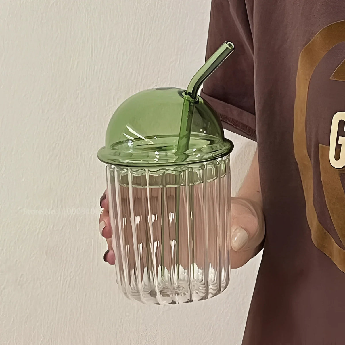 Grøn Glas Kop med Låg & Sugerør | VintageSip